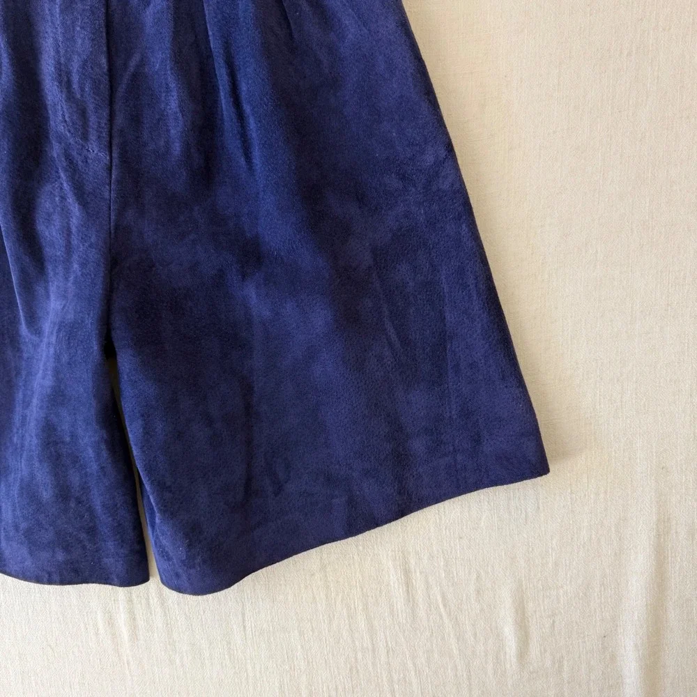 Kenar Vintage 90s High Waisted Suede Leather Pleated Shorts Women 4 Navy Blue
